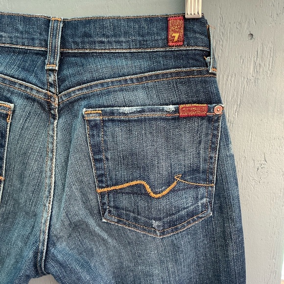 7 for all Mankind Jeans Womens Size27 Yellow Pocket Dark Blue Distressed Bootcut - Picture 4 of 9